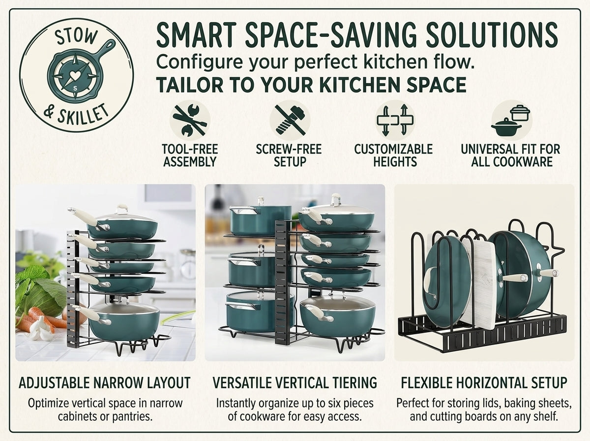 An informational product graphic for the  Smart Space-Saving Solutions cookware organizer. The design features a beige background with dark green text and icons, showing three distinct layout demonstrations: adjustable narrow layout, versatile vertical tiering, and flexible horizontal setup.