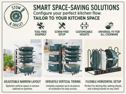 An informational product graphic for the  Smart Space-Saving Solutions cookware organizer. The design features a beige background with dark green text and icons, showing three distinct layout demonstrations: adjustable narrow layout, versatile vertical tiering, and flexible horizontal setup.