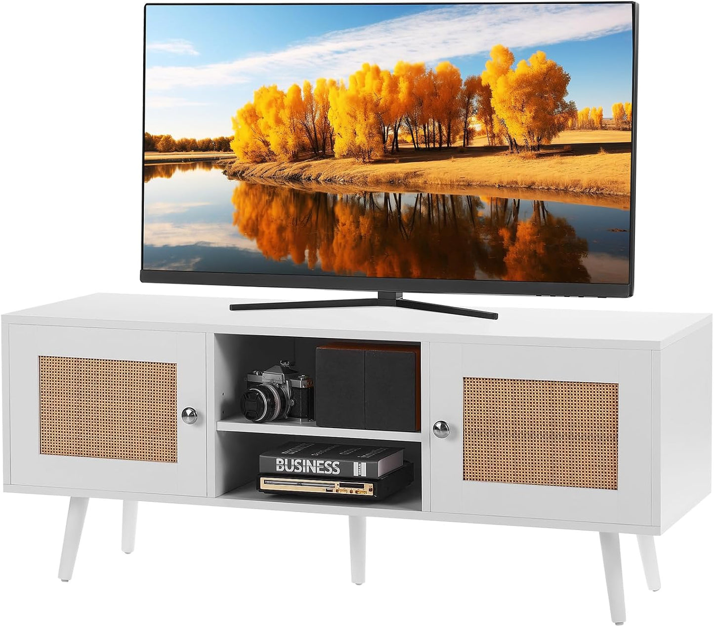 VEVOR Rattan TV Stand, Mid Century Modern TV Stand for 75 Inch TV, Boho Rattan TV Cabinet with Build-In Socket and USB Ports, Adjustable Shelfs for Living Room, Media Room, Oak