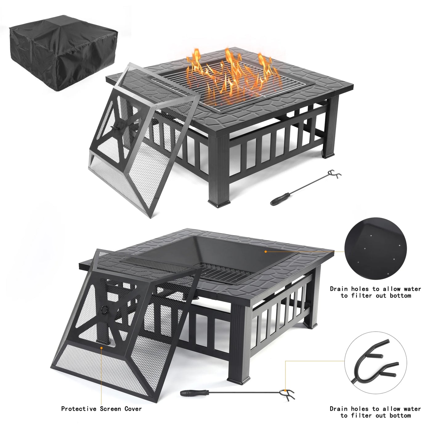 Fire Pits for Outside, 32" Wood Burning Fire Pit Tables with Screen Lid, Poker, BBQ Net, Food Clip and Cover, Backyard Patio Garden Outdoor Fire Pit/Bbq Fire Pit, Black