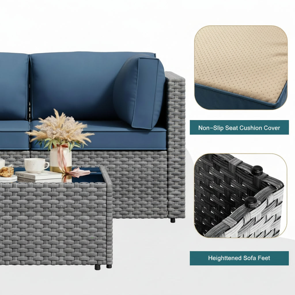 5 Pieces Outdoor Sectional Furniture, All-Weather Rattan Patio Furniture Set, Wicker Patio Sectional Couch with Cushion, Glass Table, Navy Blue