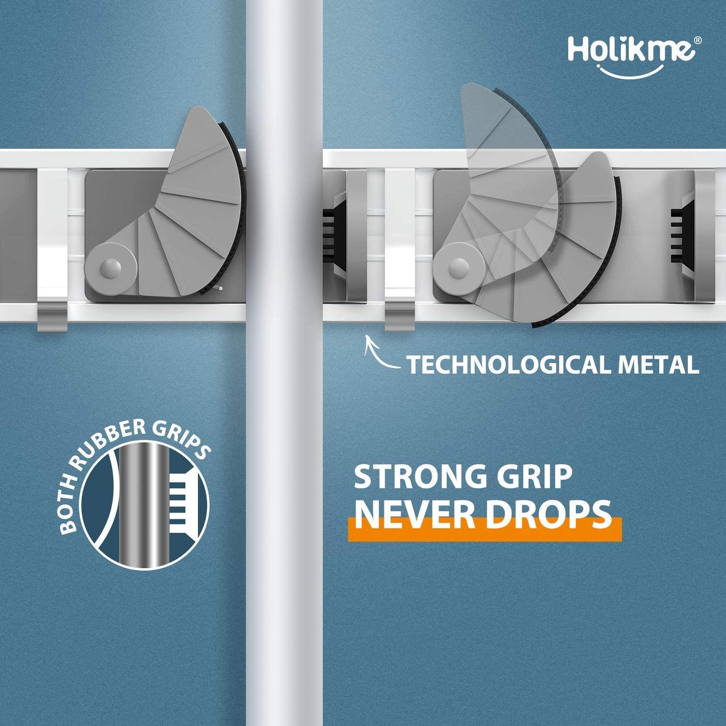 Holikme Wall Mount Mop and Broom Holder - 4 Hook Metal Organizer for Kitchen and Garden Storage, Silver