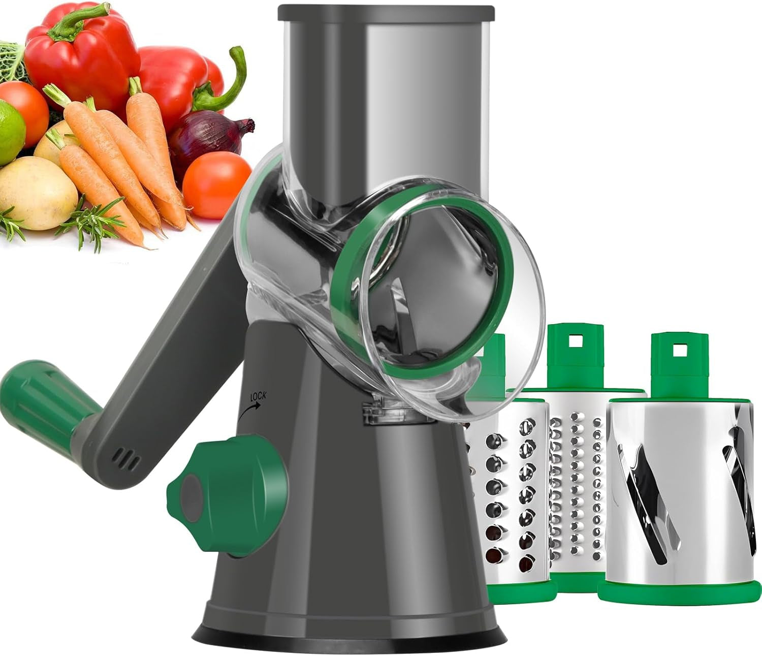 Ourokhome Rotary Cheese Grater Hand Crank, Kitchen Shredder Speed Mandolin Slicer Nut Grinder with Handle and Drum Blades for Cheese, Vegetable, Walnut, Chocolate, Potato, Carrot, 3 Blades, Green