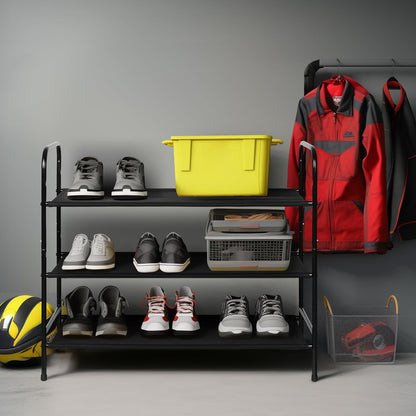 MAX Houser 3-Tier Metal Shoe Rack - Stylish and Sturdy Storage for 9-12 Pairs, Easy Assembly for Entryway or Bedroom - Sleek Black Design
