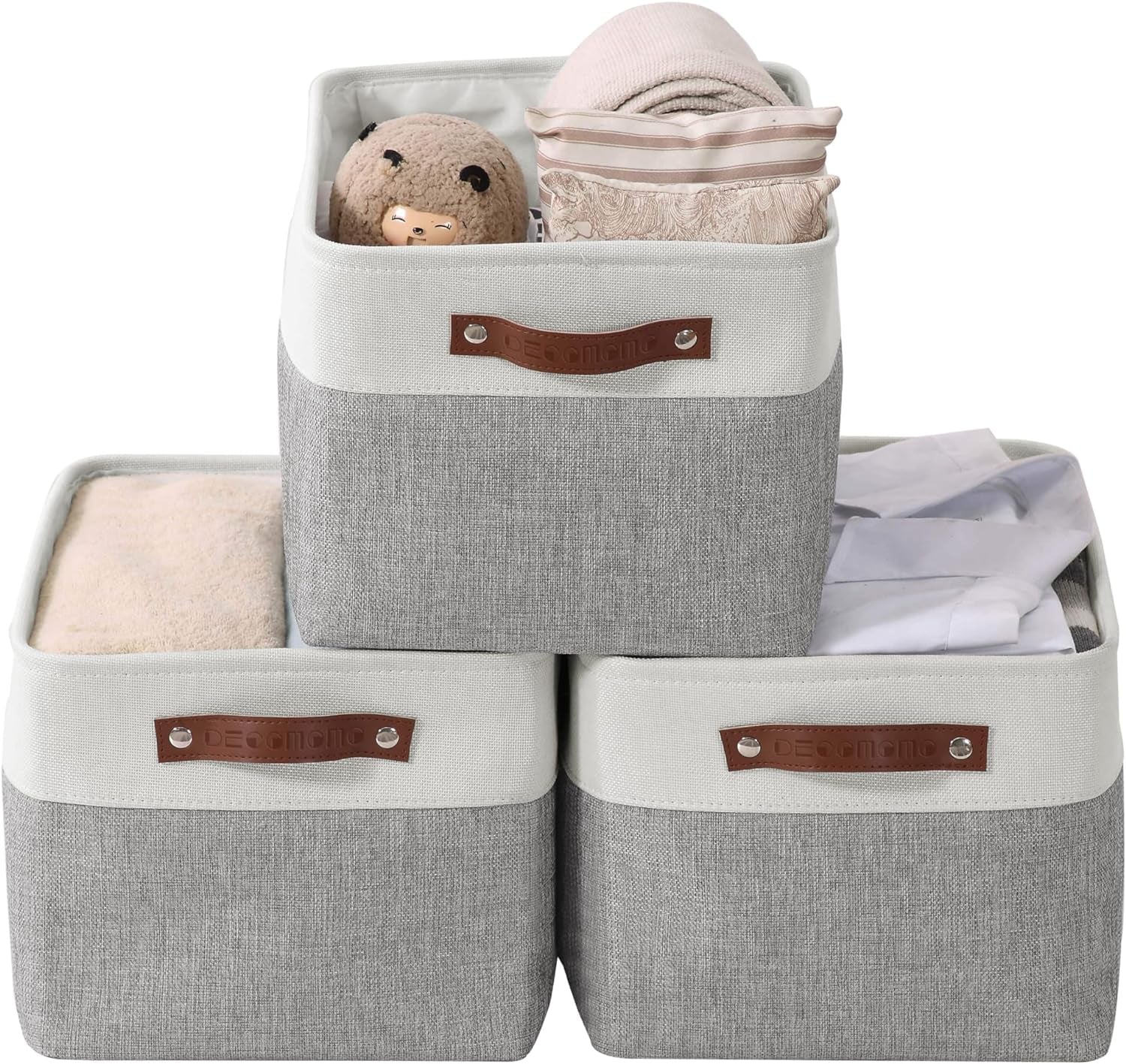 DECOMOMO Storage Bins, Large Fabric Storage Baskets for Shelves, Decorative Linen Closet Organizer, 15 X 11 X 9.5 Inches (Grey & White, 4 Pack)