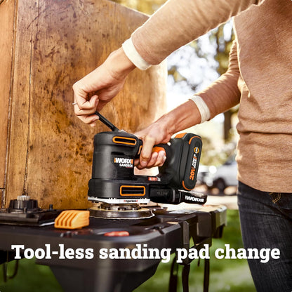 WORX Cordless Sander, 20V 10,000 Orbits/Minute Electric Sander, 5-In-1 Functions, Tool-Less Sanding Pad Change, Tool Only, Powershare
