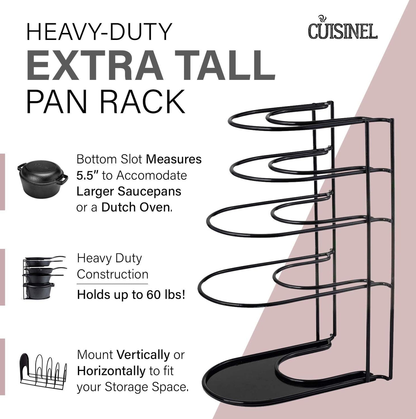 Cuisinel Extra Large 5-Tier Heavy Duty Pots and Pans Organizer - Durable, Space-Saving Rack for Cast Iron Skillets and Dutch Ovens - No Assembly Required - Sleek Black Design