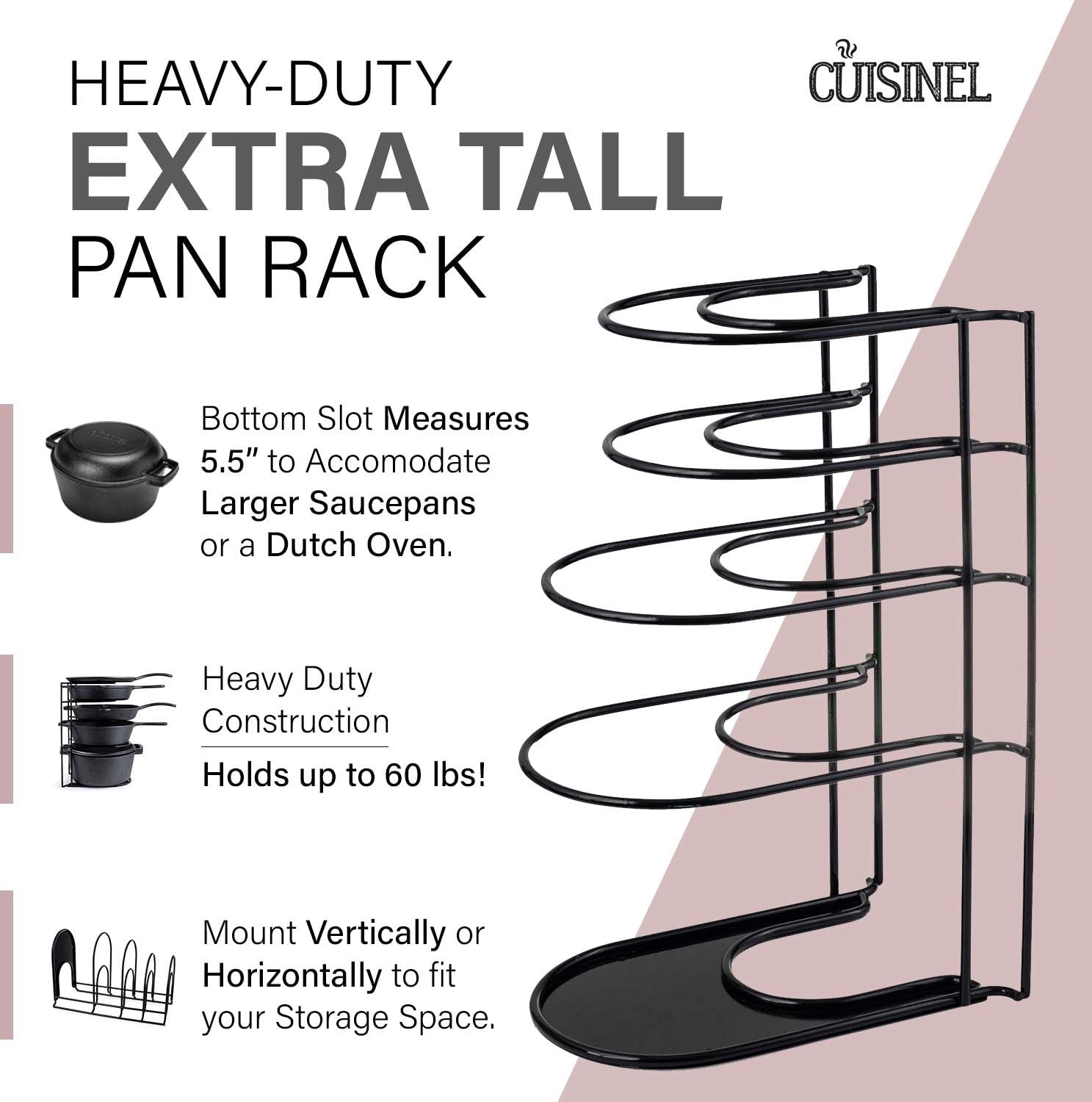 Cuisinel Extra Large 5-Tier Heavy Duty Pots and Pans Organizer - Durable, Space-Saving Rack for Cast Iron Skillets and Dutch Ovens - No Assembly Required - Sleek Black Design