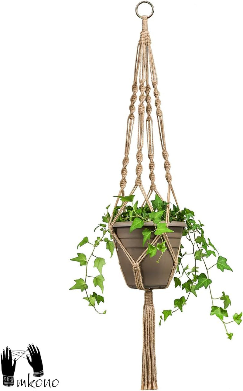 Mkono Set of 2 Macrame Plant Hangers - 40 Inch Decorative Jute Rope Indoor/Outdoor Flower Pot Holders with 4 Legs, Brown