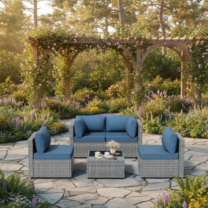 5 Pieces Outdoor Sectional Furniture, All-Weather Rattan Patio Furniture Set, Wicker Patio Sectional Couch with Cushion, Glass Table, Navy Blue