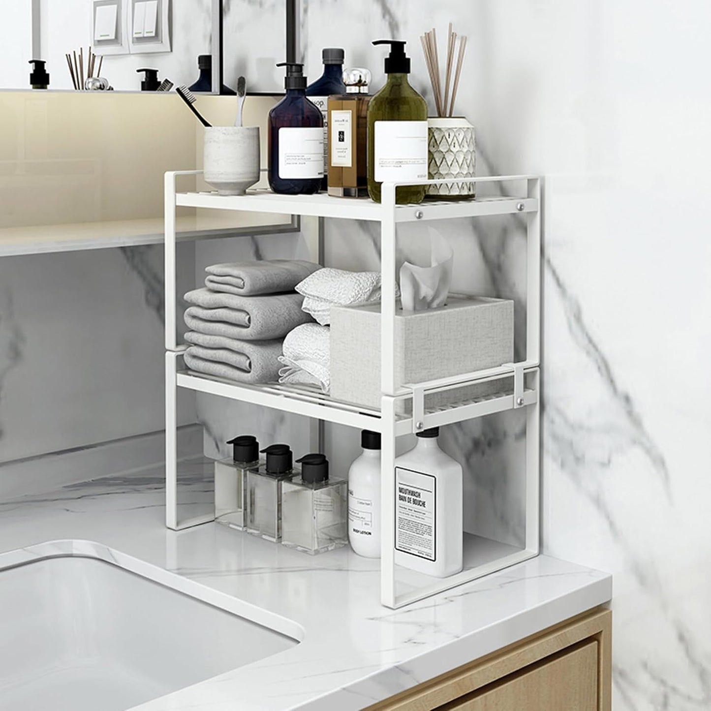 Shantton 2-Pack Stackable Steel Frame Organizer Racks - Space-Saving Storage Solution for Kitchen, Bathroom, Office, and More! Rust-Resistant & Non-Slip Design in Elegant White