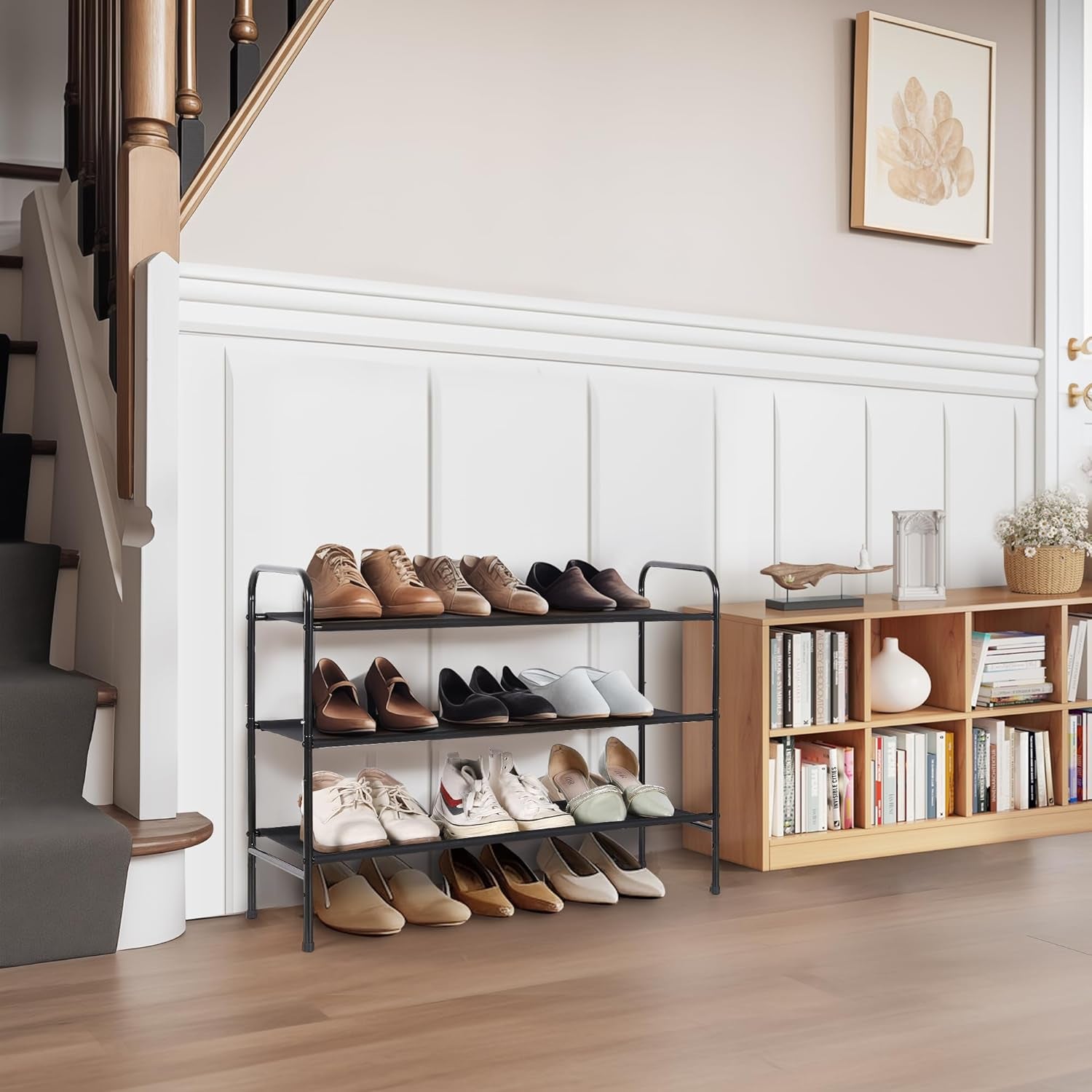 MAX Houser 3-Tier Metal Shoe Rack - Stylish and Sturdy Storage for 9-12 Pairs, Easy Assembly for Entryway or Bedroom - Sleek Black Design