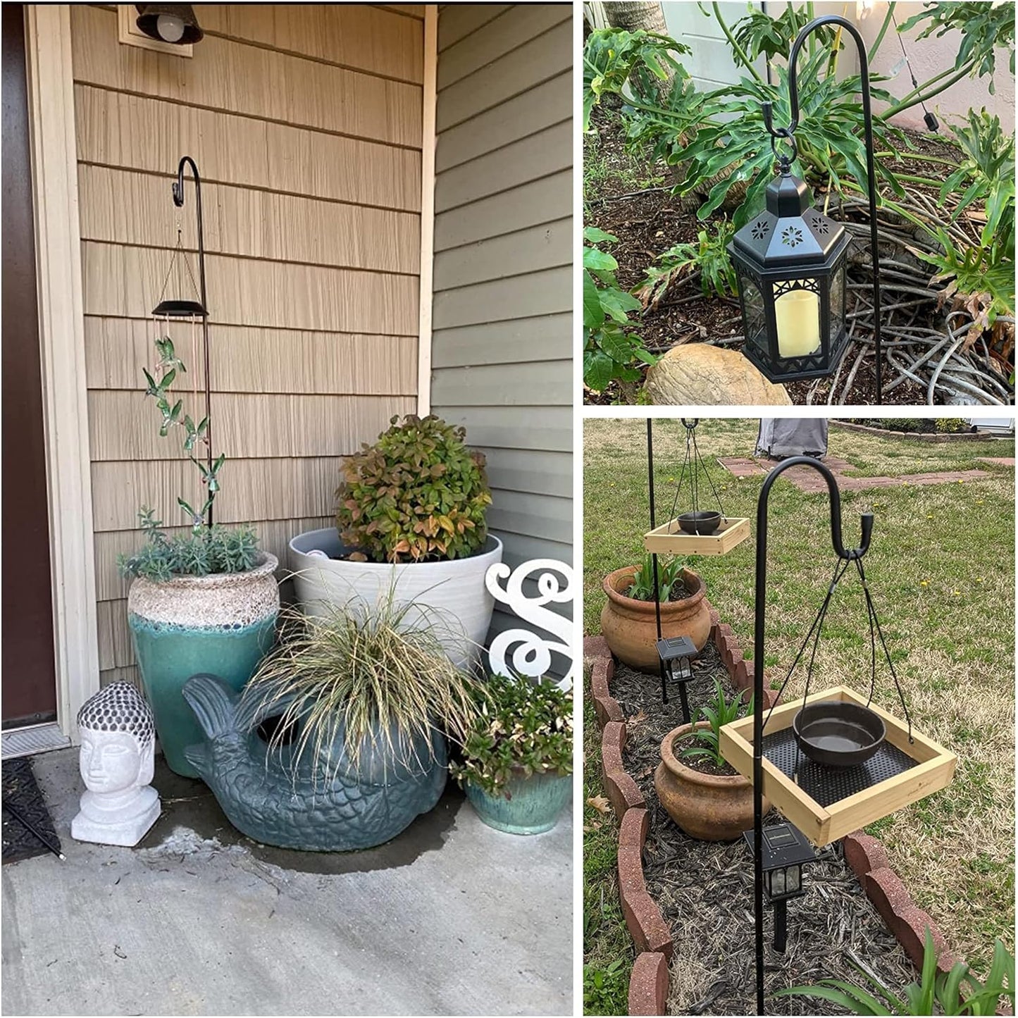 Adjustable shepherd hook holding a bird feeder