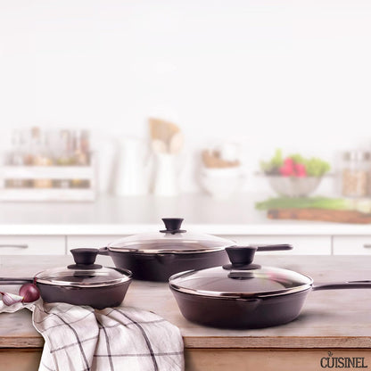 Cuisinel Pre-Seasoned Cast Iron Skillet Set - 6", 8", & 10" with Glass Lids & Silicone Handle Covers - Versatile Oven Safe Cookware for Indoor/Outdoor Cooking, Grill, BBQ, & Induction