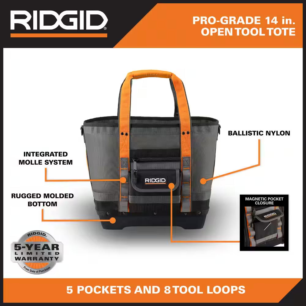 14 In. 5 Pocket Professional Grade Open Tool Tote