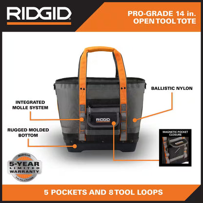 14 In. 5 Pocket Professional Grade Open Tool Tote