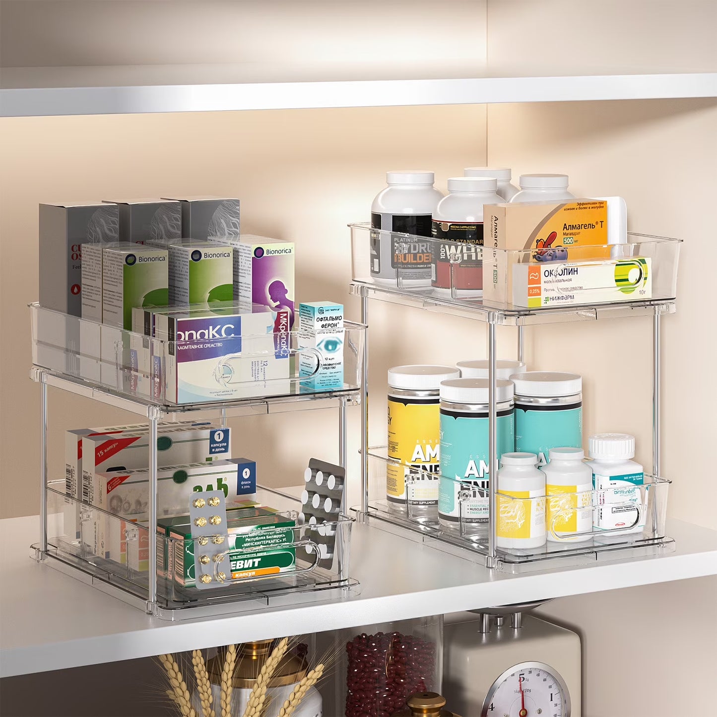 2 Tier Bathroom Storage Organizer, Delamu 2 Pack Clear under Sink Organizers Vanity Countertop Storage, Sliding Cabinet Organizer, Pull-Out Organization for Pantry, Kitchen