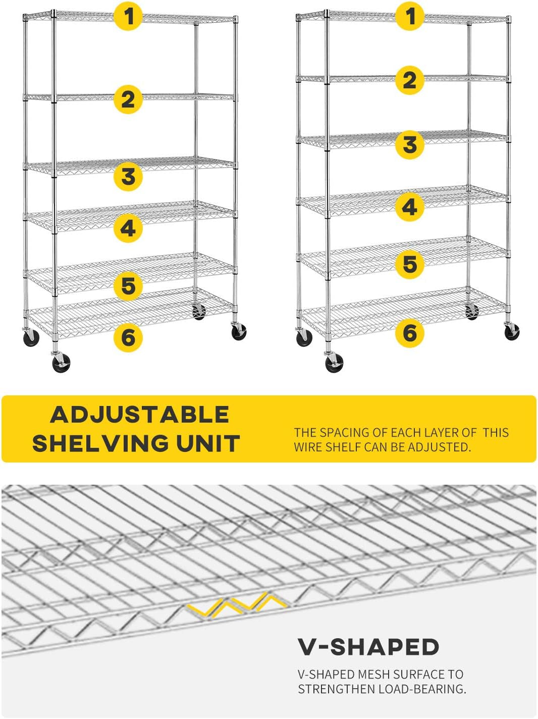 Bestoffice | 6-Tier Wire Storage Shelves with Wheels | 18X48X78 | Chrome | Adjustable Racks | Heavy-Duty Metal Shelf, Holds Upto 600 Lbs | No-Tool Assembly | Ideal for Home & Garage Shelving