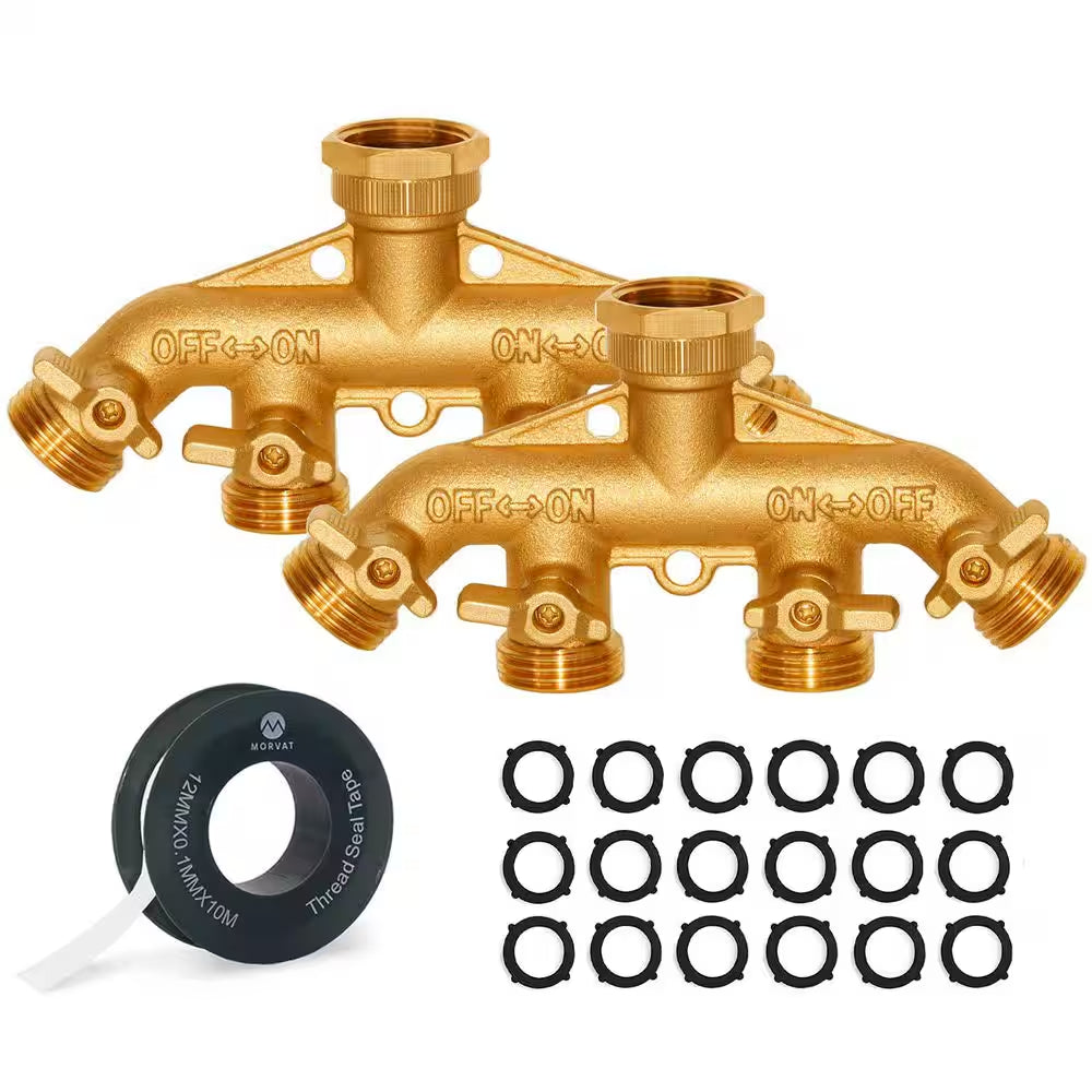 Brass Garden Hose Splitter, Heavy-Duty 4-Way Hose Connector Fitting