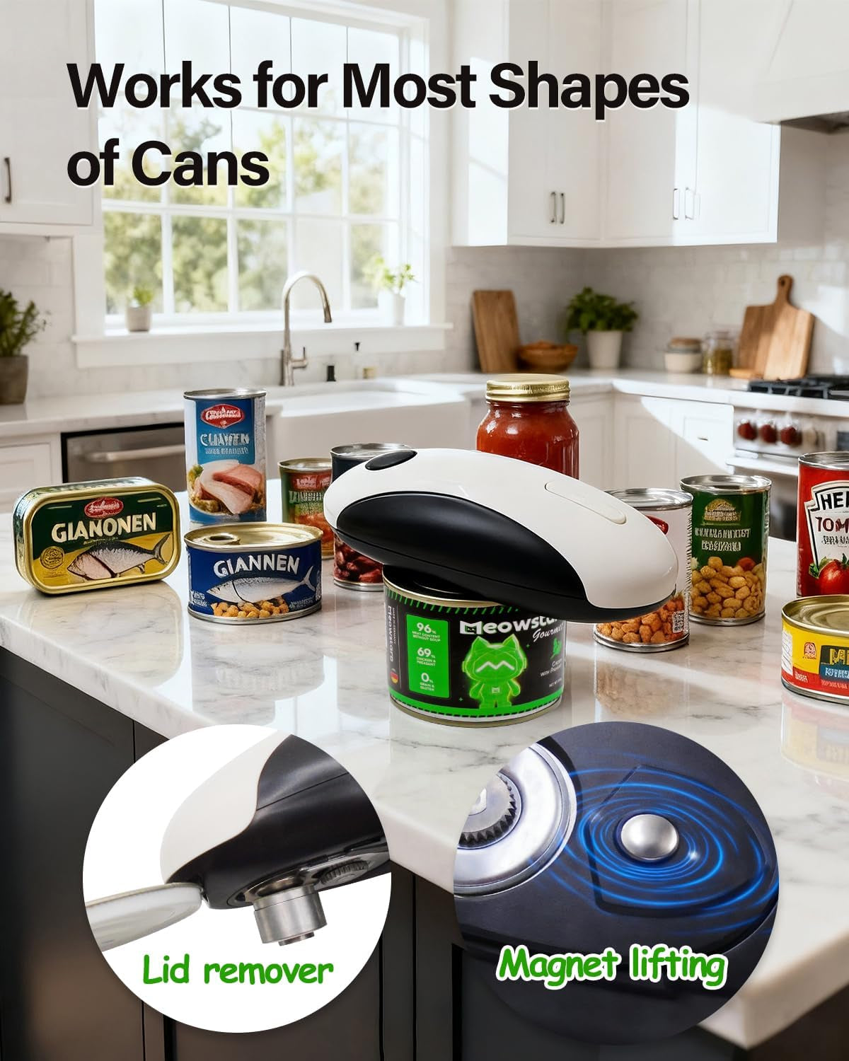 Rechargeable electric can opener, smooth cut edge close-up