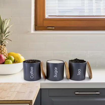 4-Piece Metal Canister Set and Bread Box with Bamboo Cutting Board Lid in Gray