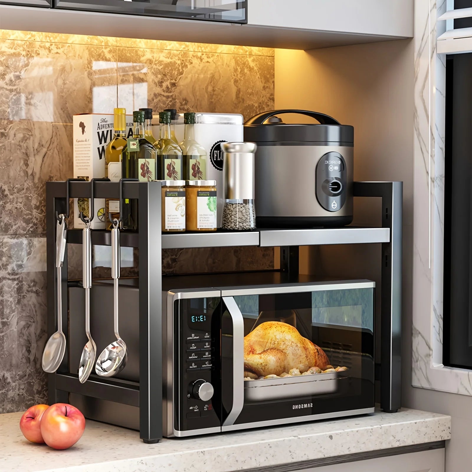 Expandable Microwave Shelf, Microwave Holder with 6 Hooks, Kitchen Storage Rack, Microwave Baking Rack, Extendable 40-64Cm
