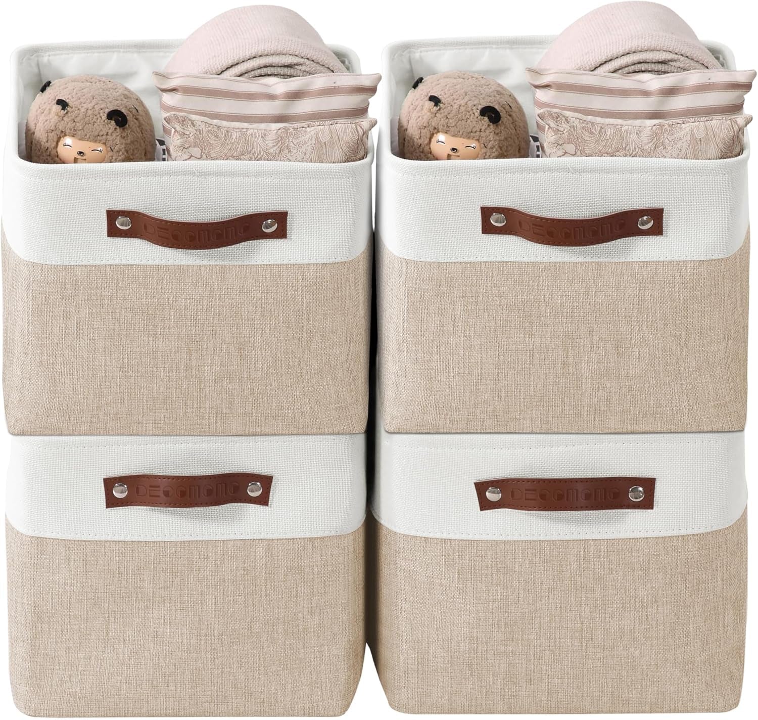 DECOMOMO Storage Bins, Large Fabric Storage Baskets for Shelves, Decorative Linen Closet Organizer, 15 X 11 X 9.5 Inches (Grey & White, 4 Pack)