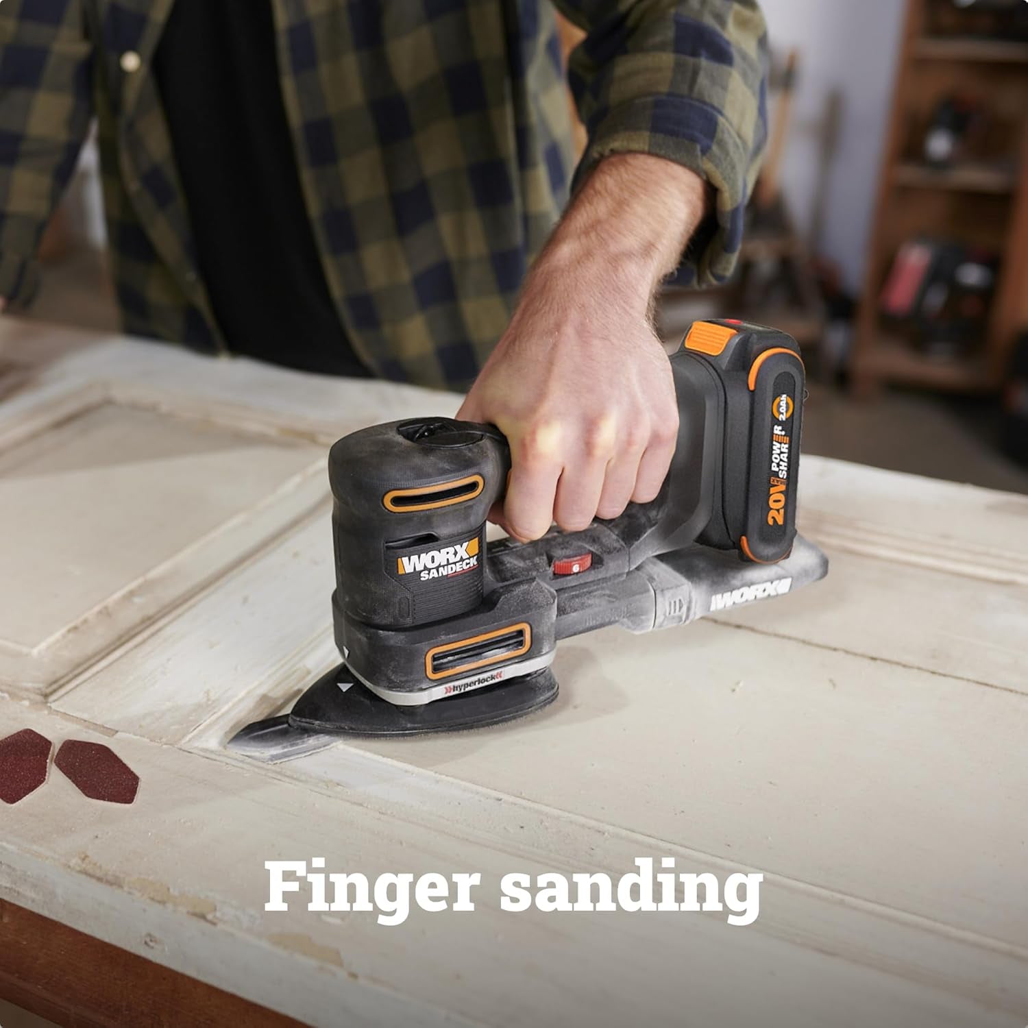 WORX Cordless Sander, 20V 10,000 Orbits/Minute Electric Sander, 5-In-1 Functions, Tool-Less Sanding Pad Change, Tool Only, Powershare