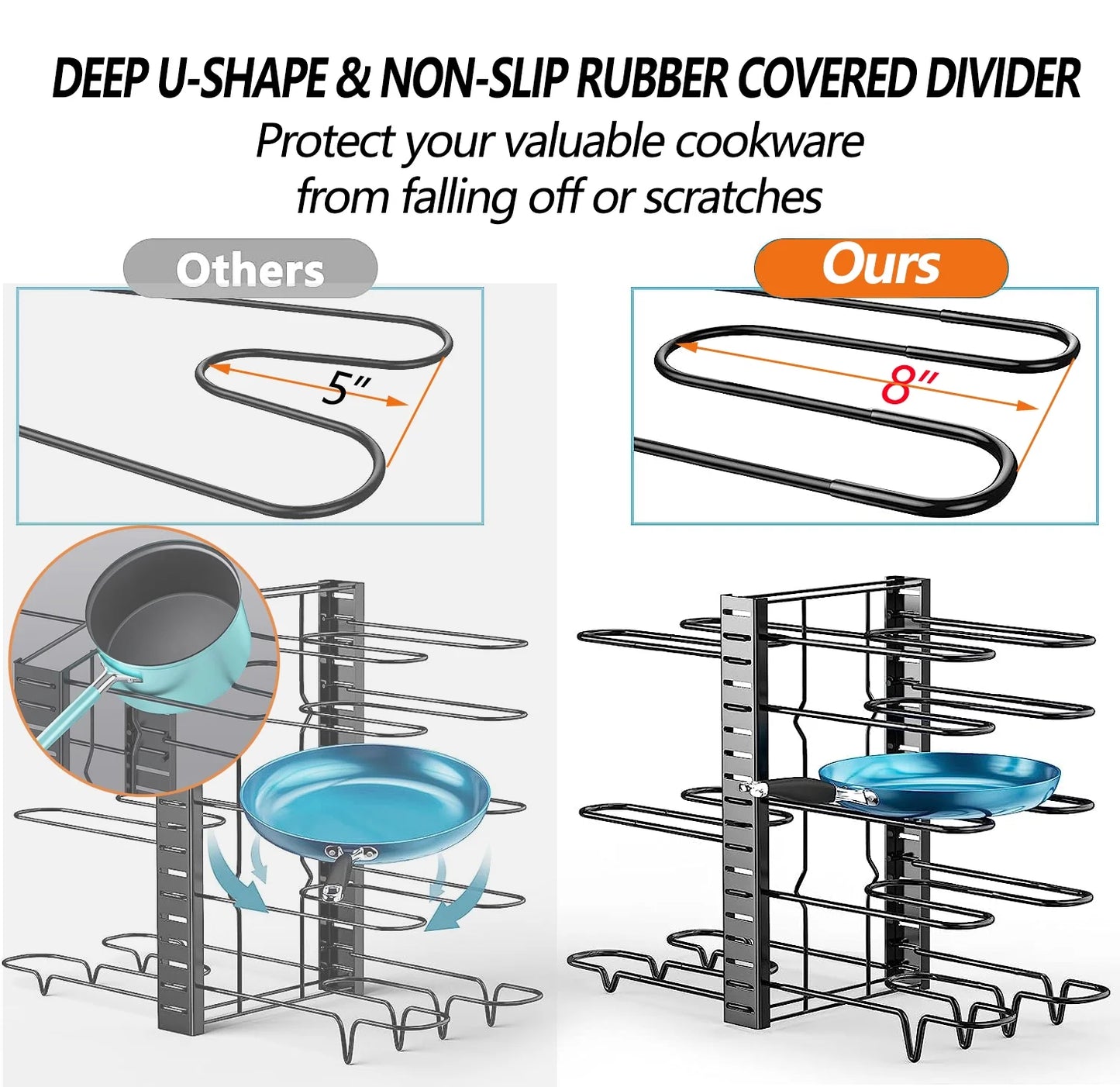 Maximize Your Kitchen Space with PHANCIR 8-Tier Adjustable Pots and Pans Organizer Rack - Heavy Duty Metal Design with Anti-Slip Silicone Pad!