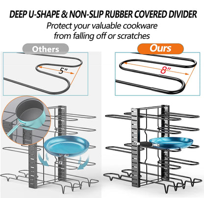 Maximize Your Kitchen Space with PHANCIR 8-Tier Adjustable Pots and Pans Organizer Rack - Heavy Duty Metal Design with Anti-Slip Silicone Pad!