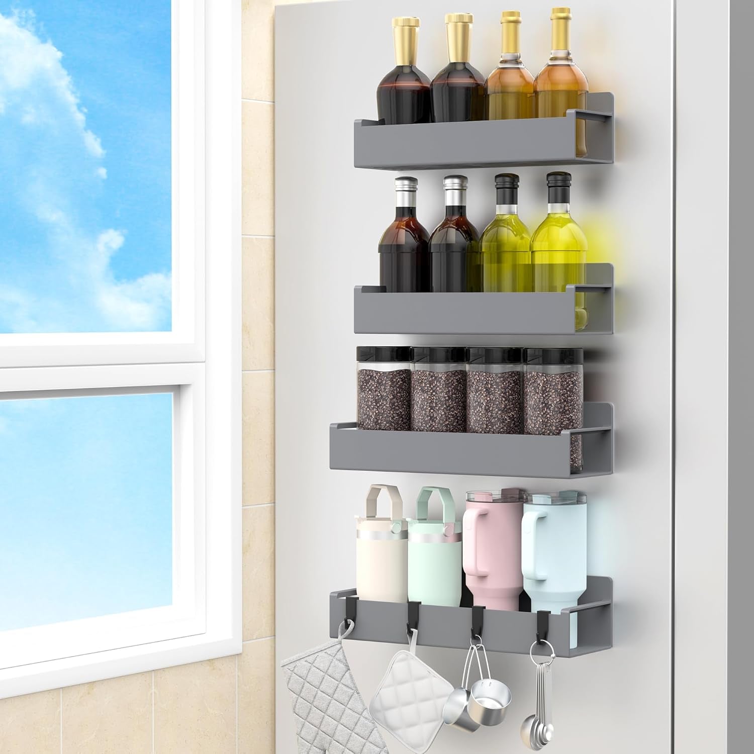 Magnetic fridge spice rack holding oil bottles