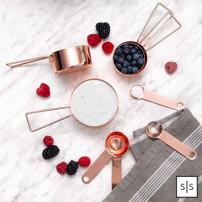 Elegant Rose Gold Copper Measuring Cups and Spoons Set – 8-Piece Stackable Stainless Steel Kitchen Essentials for Baking and Cooking