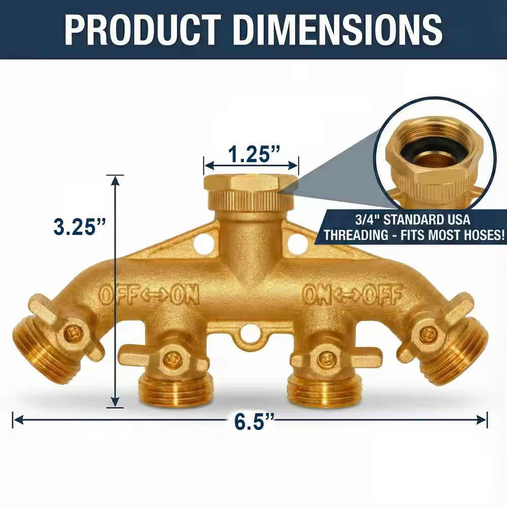 Brass Garden Hose Splitter, Heavy-Duty 4-Way Hose Connector Fitting