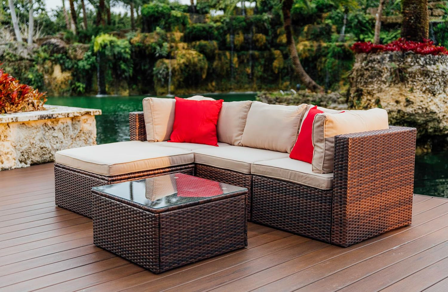 Nestl Outdoor Sectional Patio Furniture Set – 5 Piece Outdoor Patio Furniture Set with Outdoor Couch and Sectional Seating - Black with off White Cushions, Standard