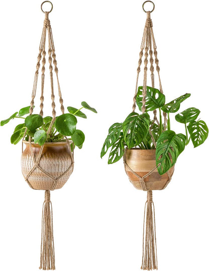 Set of 2 Macrame Plant Hangers - 40 Inch Decorative Jute Rope Indoor/Outdoor Flower Pot Holders with 4 Legs, Brown