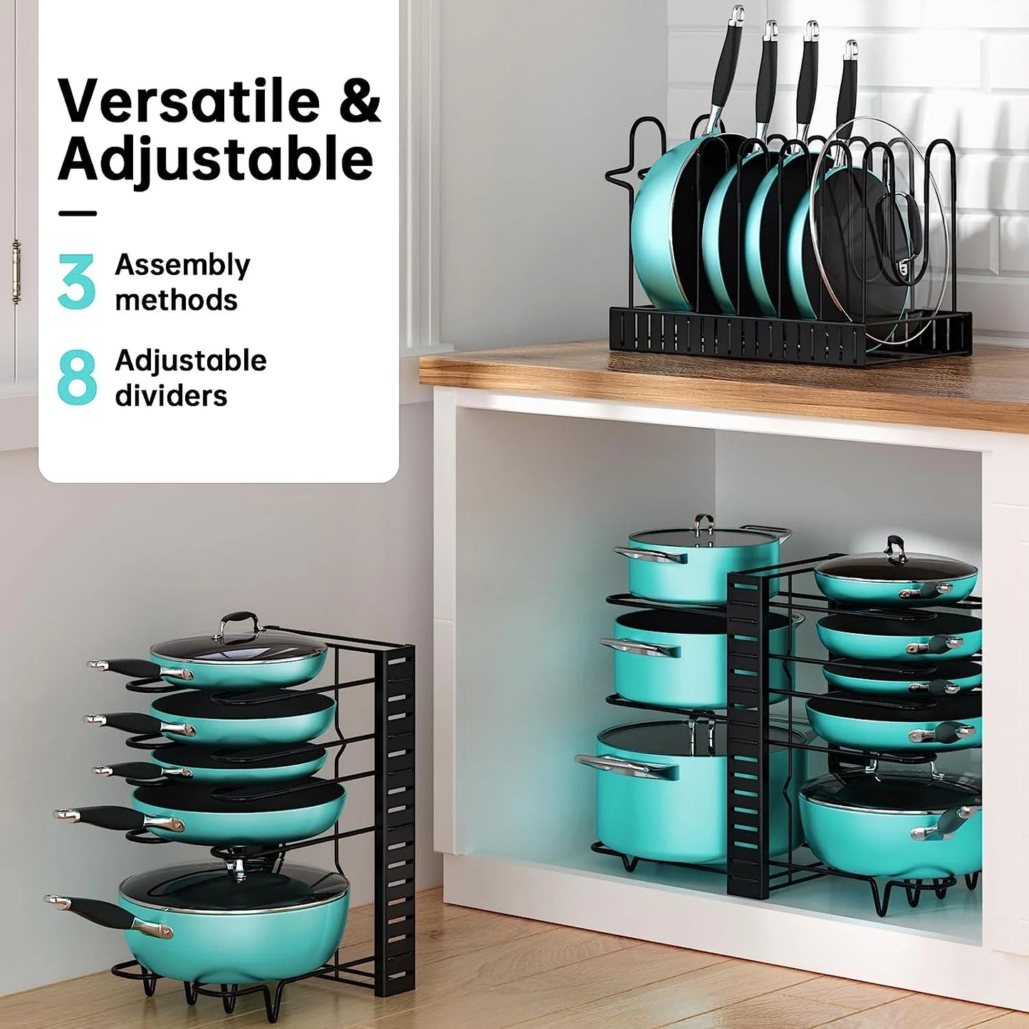 Maximize Your Kitchen Space with PHANCIR 8-Tier Adjustable Pots and Pans Organizer Rack - Heavy Duty Metal Design with Anti-Slip Silicone Pad!