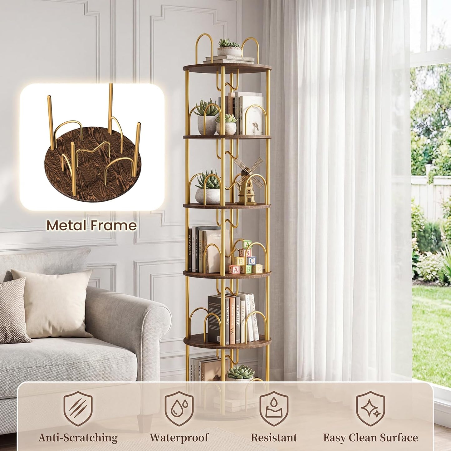 5 Tier Rotating Bookshelf, 360° Spinning Bookshelf Tower, Narrow Corner Book Shelf, Revolving Bookcase Corner Tall Book Shelf for Small Spaces, Bedroom, Living Room, Gold