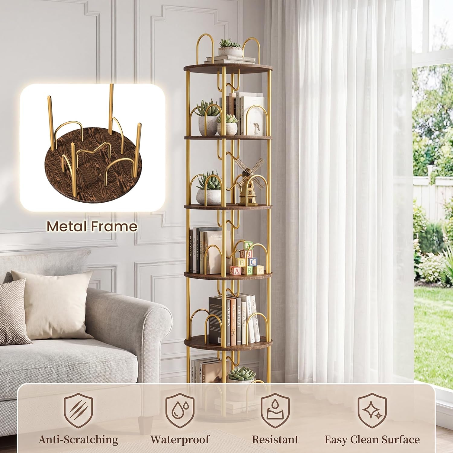 5 Tier Rotating Bookshelf, 360° Spinning Bookshelf Tower, Narrow Corner Book Shelf, Revolving Bookcase Corner Tall Book Shelf for Small Spaces, Bedroom, Living Room, Gold