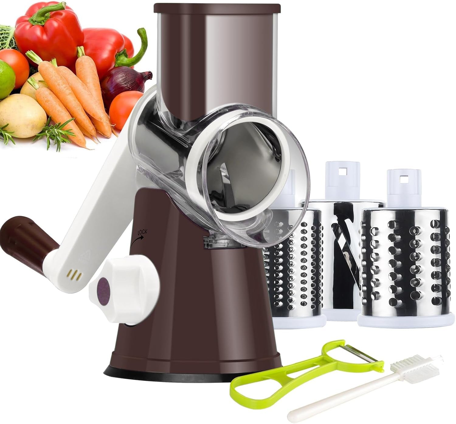 Ourokhome Rotary Cheese Grater Hand Crank, Kitchen Shredder Speed Mandolin Slicer Nut Grinder with Handle and Drum Blades for Cheese, Vegetable, Walnut, Chocolate, Potato, Carrot, 3 Blades, Green