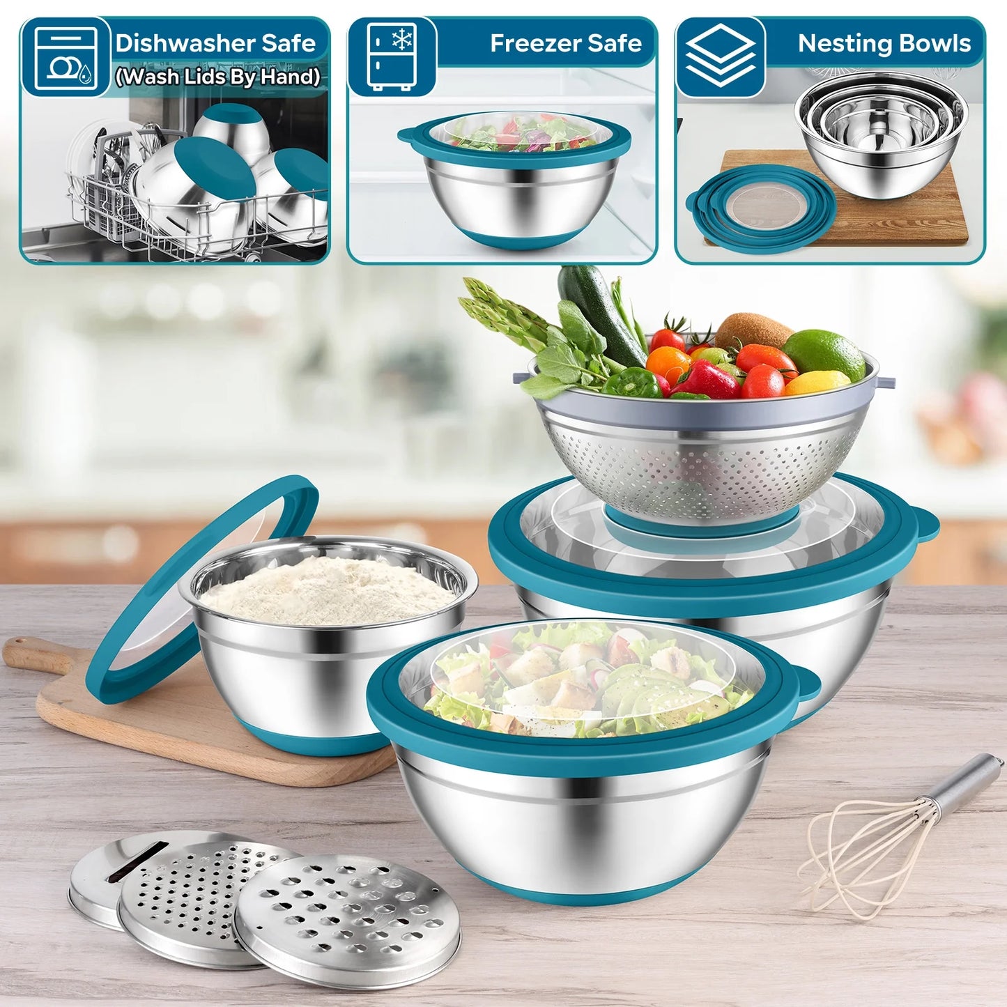 Vesteel Mixing Bowls with Lids Set of 7, Stainless Steel Nesting Bowls with Colander and 3 Graters for Draining Prepping Slicing, Nonslip Bottoms & Airtight Lid, Size 4.6, 2.6, 1.5 Qt, Blue