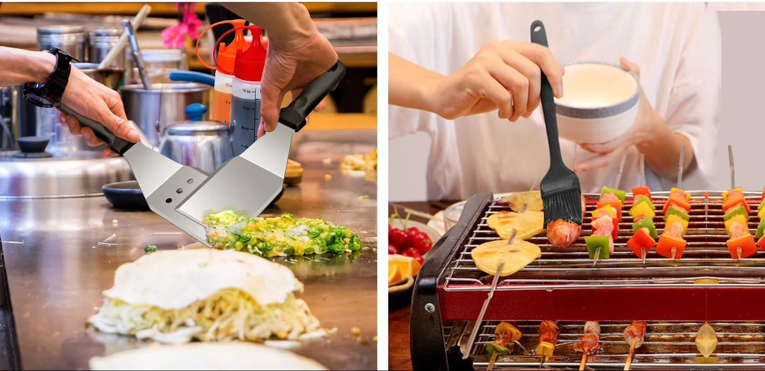 A split-screen collage showing two cooking scenes: on the left, hands prepare food on a teppany grill with spatulas; on the right, a person brushes sauce onto skewers grilling on a red electric grill.