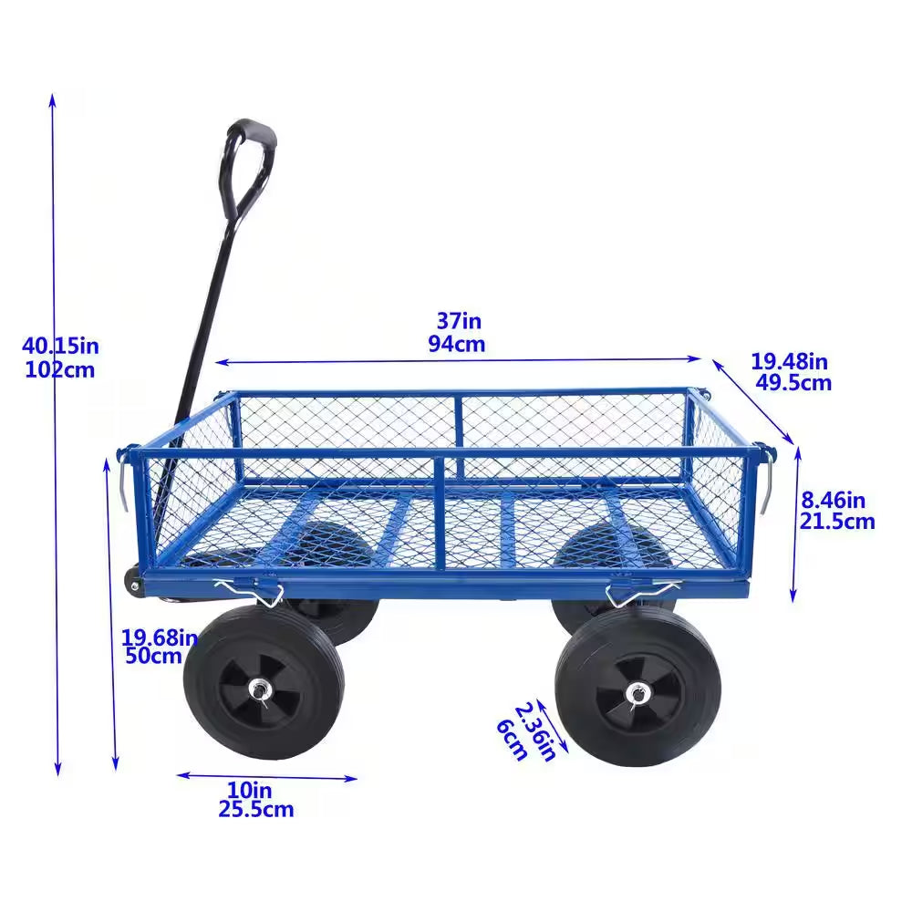 Metal Wagon Cart with 10" Pneumatic Tire and Handle, Utility Dump Outdoor Serving Cart for Lawn Garden Farm in Blue