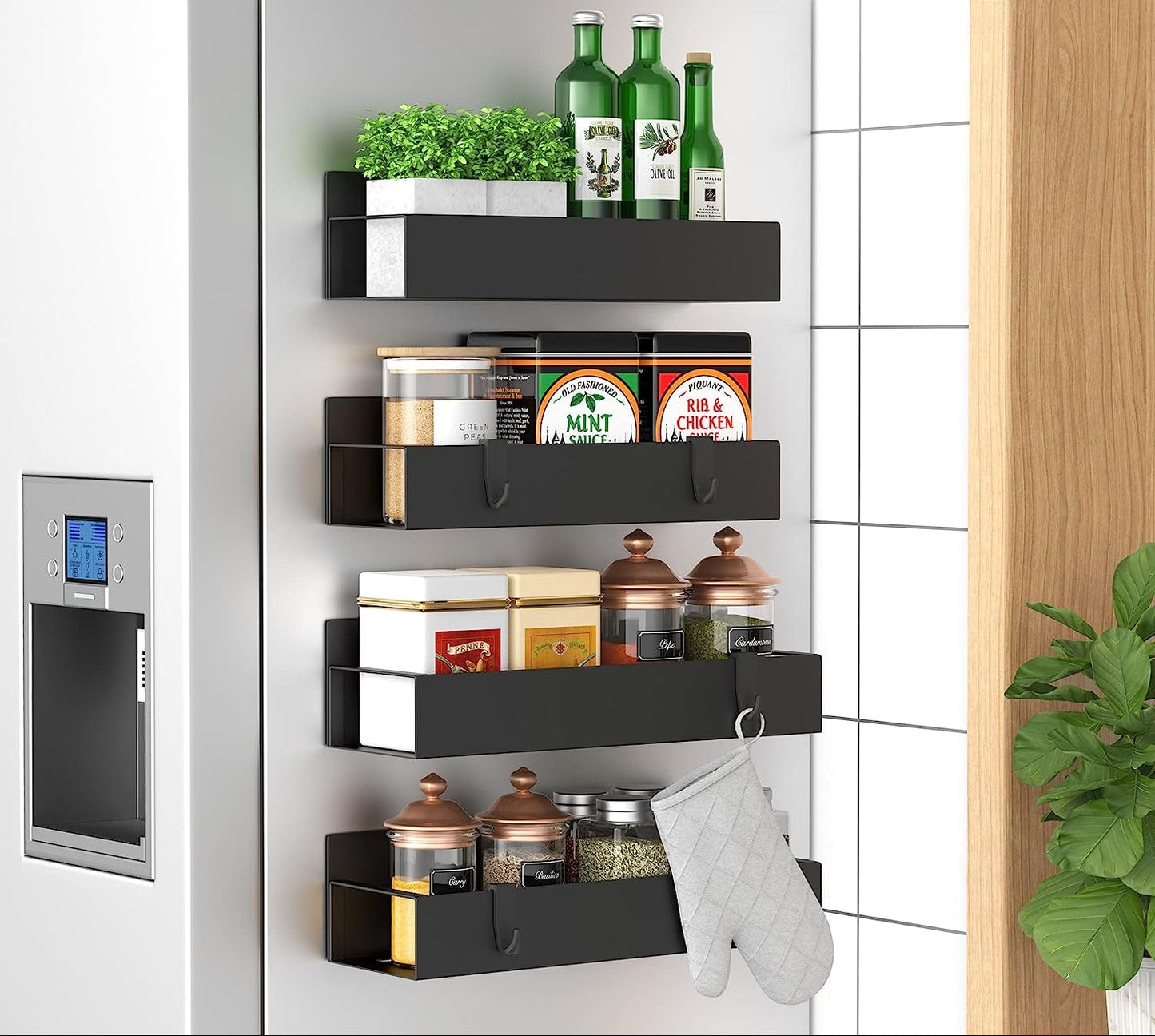 Metal 4 Pack Magnetic Spice Storage Rack Organizer for Refrigerator and Oven, Black Fridge Organizers and Storage, Metal