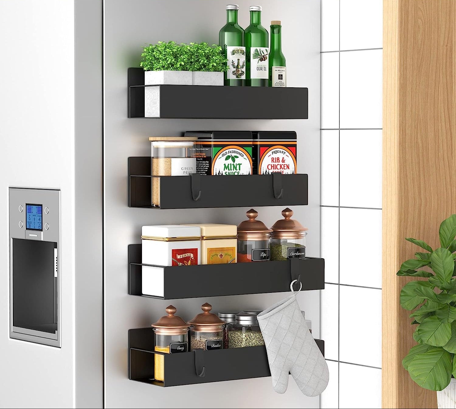 Metal 4 Pack Magnetic Spice Storage Rack Organizer for Refrigerator and Oven, Black Fridge Organizers and Storage, Metal