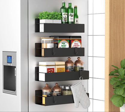 Metal 4 Pack Magnetic Spice Storage Rack Organizer for Refrigerator and Oven, Black Fridge Organizers and Storage, Metal