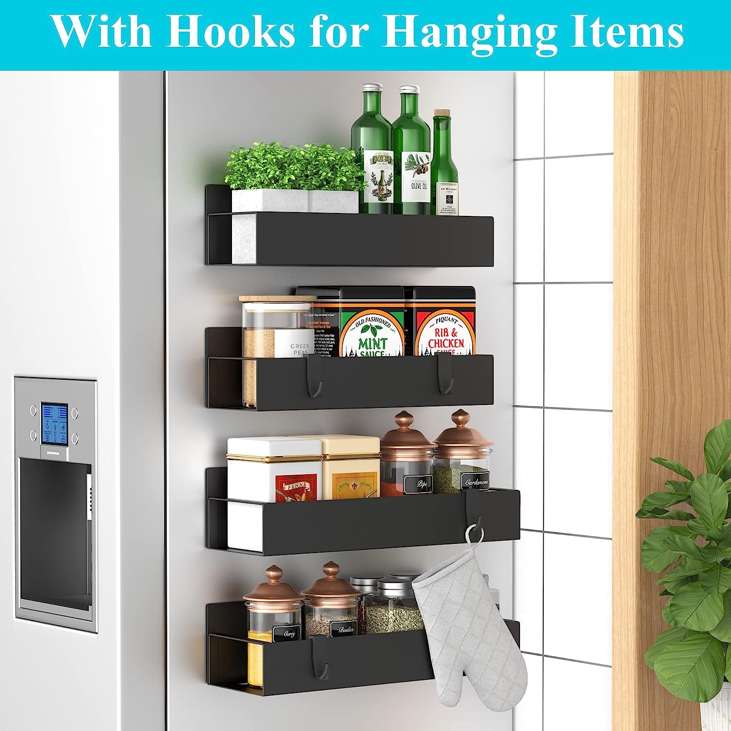 Huggiegems Metal 4 Pack Magnetic Spice Storage Rack Organizer for Refrigerator and Oven, Black Fridge Organizers and Storage, Metal