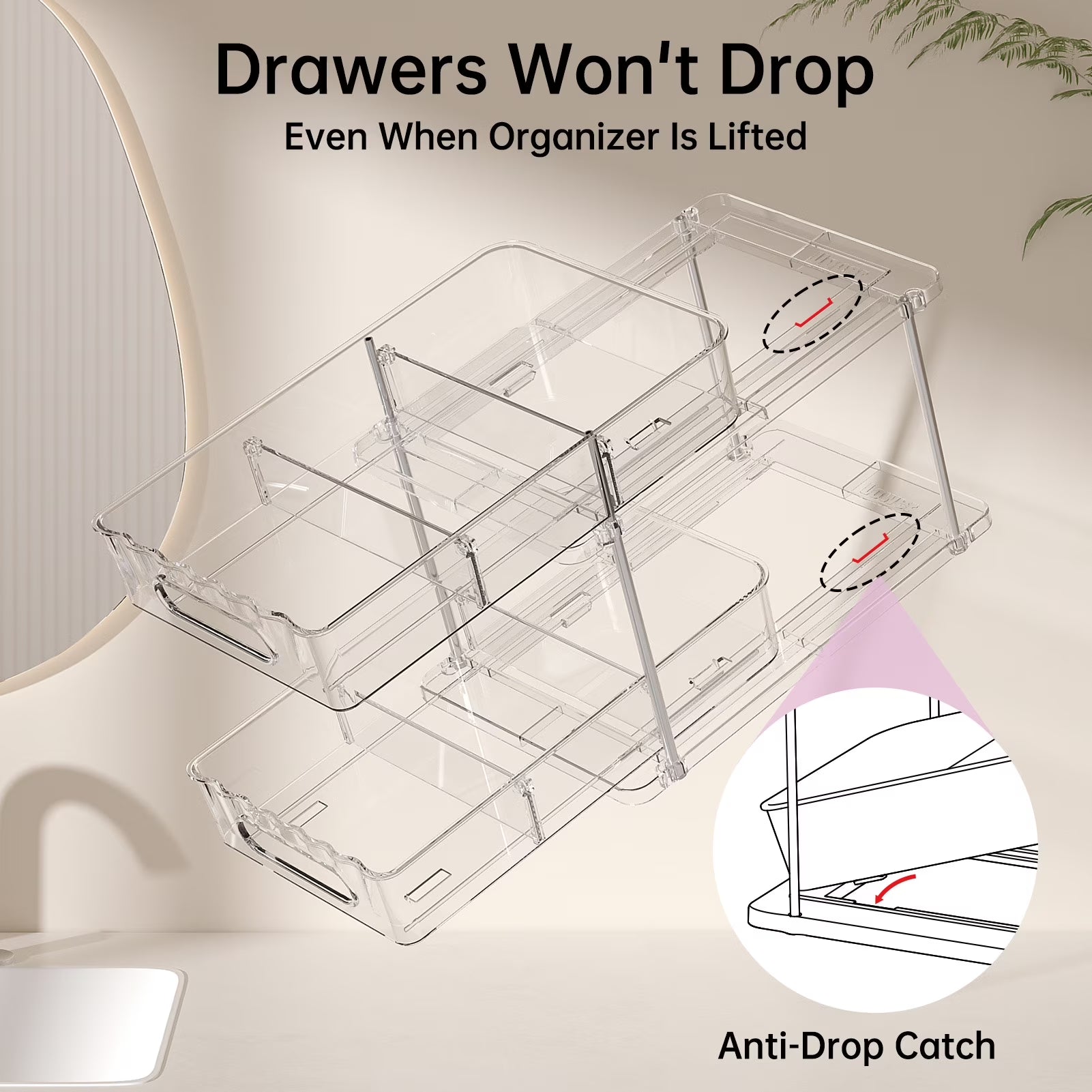 2 Tier Bathroom Storage Organizer, Delamu 2 Pack Clear under Sink Organizers Vanity Countertop Storage, Sliding Cabinet Organizer, Pull-Out Organization for Pantry, Kitchen
