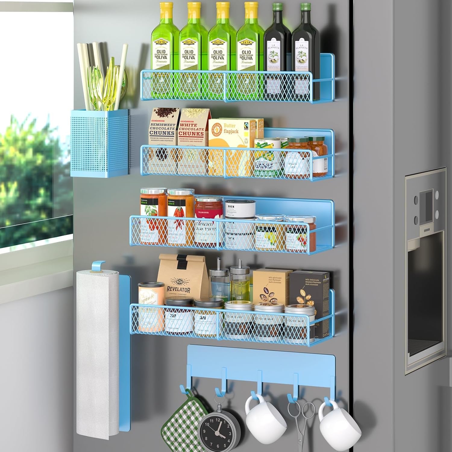 Magnetic spice rack shelf holding cleaning supplies