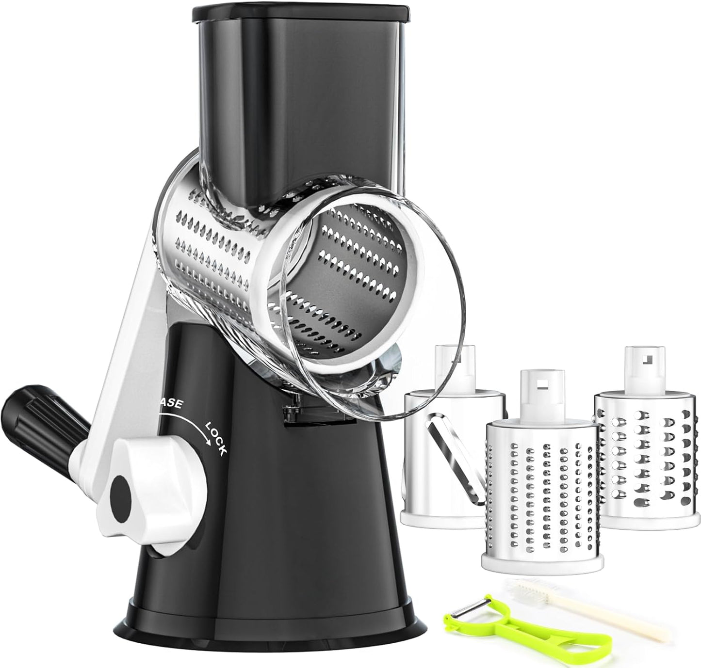 Ourokhome Rotary Cheese Grater Hand Crank, Kitchen Shredder Speed Mandolin Slicer Nut Grinder with Handle and Drum Blades for Cheese, Vegetable, Walnut, Chocolate, Potato, Carrot, 3 Blades, Green