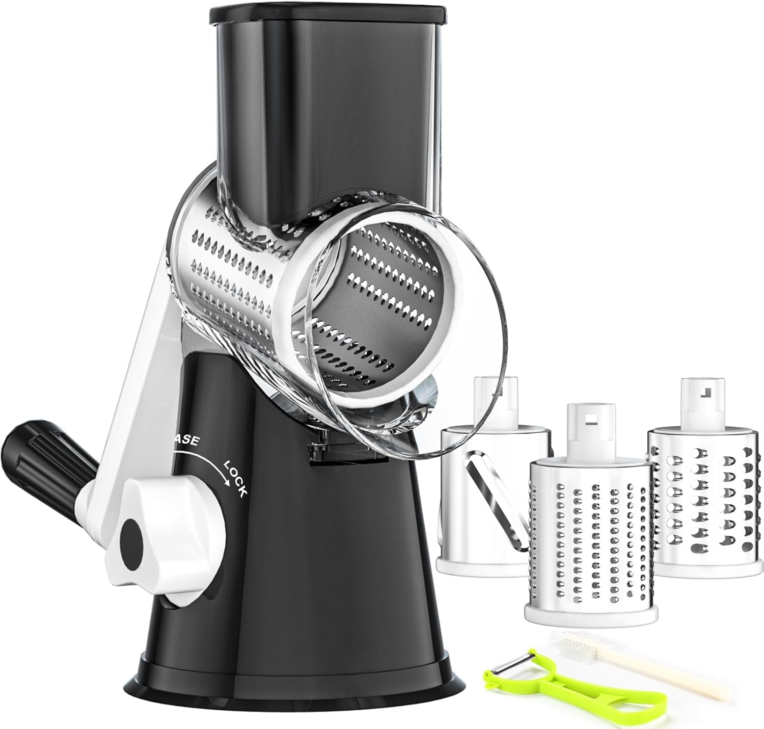 Ourokhome Rotary Cheese Grater Hand Crank, Kitchen Shredder Speed Mandolin Slicer Nut Grinder with Handle and Drum Blades for Cheese, Vegetable, Walnut, Chocolate, Potato, Carrot, 3 Blades, Green